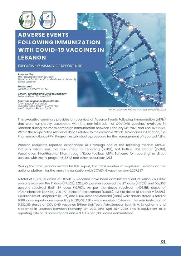Adverse Events Following Immunization Monitoring-Covid-19 Vaccines-Lebanon- 14th February 2021- April 15th 2022