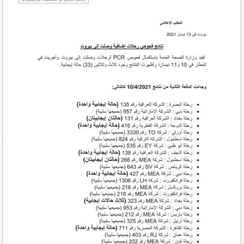 نتائج فحوصات رحلات إضافية وصلت إلى بيروت بتاريخ 10 و11-4-2021