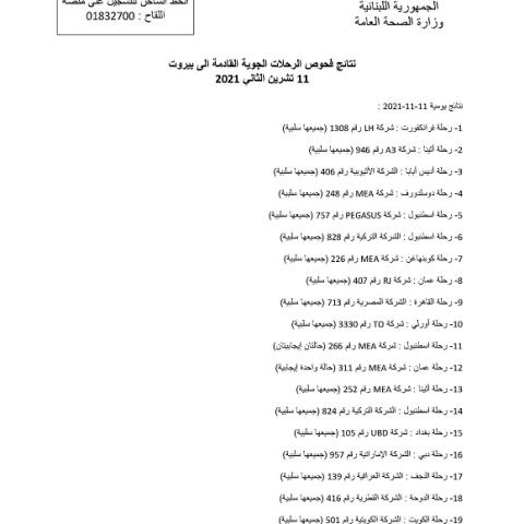 نتائج فحوصات رحلات إضافية وصلت إلى بيروت بتاريخ 11 و12-11-2021