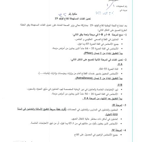 صدور مذكرة رقم 32 تاريخ 30/3/2021 تتعلّق بتعديل الفئات المستهدفة للقاح كوفيد-19